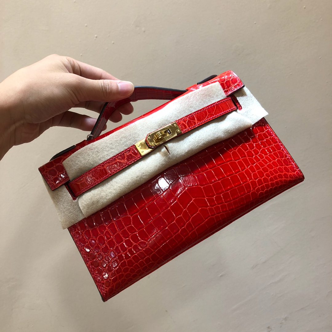 에르메스 미니 켈리백22 레드 금장 샤이니 악어가죽